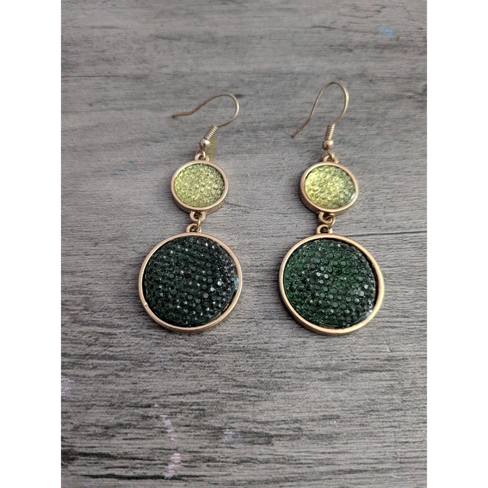 Green Pave Crystal Drop Earrings Gold Tone Two Tier Circle Dangle Earrings
